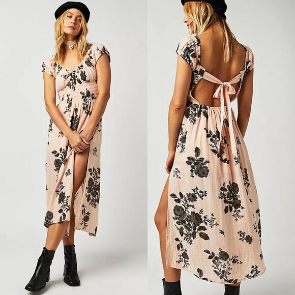 New Free People Forget Me Not Boho Floral Smocked Midi Dress $128 Small Peach - Picture 6 of 9